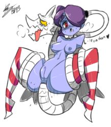 anal ass bare_shoulders bigdeadalive blue_skin blush detached_collar detached_sleeves female hair_over_one_eye leviathan_(skullgirls) pussy red_eyes side_ponytail skull skullgirls squigly stitched_mouth striped_sleeves tagme zombie