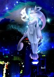 2014 anthro areola breasts building female legendary_pokemon mega_evolution mega_mewtwo_y mewtwo night nintendo nude outside pokemon pokemon_(species) pussy red_eyes redimplight solo video_games