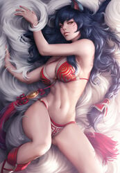 ahri animal_ears beige_skin bikini black_hair boots braid breasts cleavage clothes facial_marks female female_only footwear fox_ears fox_girl fox_tail fur furry_ears furry_tail grey_fur hair kemonomimi league_of_legends long_hair looking_at_viewer lying multi_tail multiple_tails navel open_eyes orange_eyes pinup ponytail skimpy_clothes slit_pupils solo stanley_lau tail tied_hair white_fur