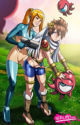 1boy 1girls adapted_costume at_gunpoint belt bike_shorts blonde_hair blue_eyes bodysuit breasts brown_hair bulge clothed color crossover cum ejaculation erection female femboy femboy_on_female femdom firearm grass grin gun gunpoint hair_ornament handgun handjob height_difference hetero highres human kid_icarus larger_female leaning lips looking_at_another looking_back male male/female malesub masturbation metroid monoeye monster navel nintendo nipples open_toe_shoes outdoors pale_skin parted_lips penis penis_out pit_(kid_icarus) ponytail pubic_hair pursed_lips pussy reach_around samus_aran scarf size_difference skin_tight smaller_male smile straight super_smash_bros. tekuho tied_hair uncensored underboob watermark weapon web_address wings zero_suit zero_suit_samus