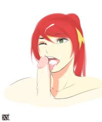 1girls cum cum_in_mouth cum_on_face faceless_male fellatio green_eyes high_ponytail k-inesis long_hair oral penis_on_face ponytail pyrrha_nikos red_hair rwby shiny_hair shiny_skin tied_hair wink