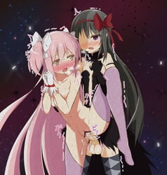 2girls akemi_homura akuma_homura black_dress blush bondage bound_wrists bow breasts censored crying cum dress female flat_chest from_behind futanari gloves hair hair_ribbon hairbow human intersex long_hair madoka_kaname mahou_shoujo_madoka_magica mahou_shoujo_madoka_magica_movie medium_breasts multiple_girls open_mouth penis pink_hair pink_legwear purple_eyes ribbon sex sweat takonoke thighhighs two_side_up ultimate_madoka vaginal_penetration yellow_eyes