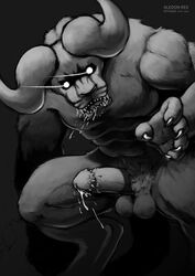 1boy 2014 aledonrex anus balls barbs berserk biceps demon erection fur glowing glowing_eyes horn looking_at_viewer male male_only monochrome muscles nude penis precum pubes saliva solo wings zodd_(berserk)