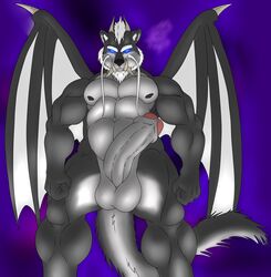 1boy anthro balls big_penis canine darius_leodragon dragon eastern_dragon erection glowing glowing_eyes horn humanoid_penis looking_at_viewer low-angle_view male male_only mammal muscular muscular_male nude pecs penis solo standing uncut wings