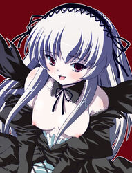 1girls blush breasts female pale_skin pink_eyes pointy_chin rozen_maiden shinshin silver_hair solo suigintou