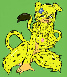 5_fingers anthro beige_skin black_fur black_nose breasts claws color female female_only flower front_view fur furry furry_breasts furry_ears furry_only furry_tail green_background grey_eyes hair_flower kneeling knifeh looking_at_viewer marsupilami nipples open_eyes pink_nipples rule_63 solo spirou_magazine spots tail tongue tongue_out yellow_fur