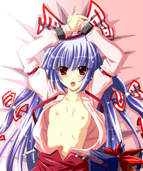 blue_hair breasts cuffs female female_only flat_chest fujiwara_no_mokou fumihiro hair_ribbon hair_ribbons handcuffs imminent_sex nipples open_clothes open_shirt red_eyes ribbon ribbons shirt solo touhou