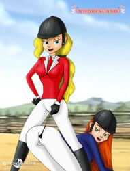 2girls artist_name black_boots black_gloves blonde_hair blue_eyes blue_jacket blue_sky blurry_background boots cloud day daytime facing_viewer feet_out_of_frame femdom gloves green_eyes horseland jodhpurs legs_together lezdom looking_at_viewer looking_back multiple_girls necktie_between_breasts orange_hair outdoor_sex outdoors pants prince_jupiter red_jacket red_necktie riding_boots riding_crop sarah_whitney small_ass small_breasts tagme whipping white_pants yuri zoey_stilton