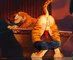 1boy after_anal after_sex anthro anus ass balls color cum cum_in_ass cum_inside cum_leaking disney feline furry furry_only leaking leaking_cum male male_only pants_down penis presenting_ass rand_(furry_artist) shere_khan solo talespin tiger