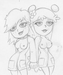 2girls ami_onuki artist_request breasts breasts_out cartoon_network drawn exposed_breasts freckles hi_hi_puffy_amiyumi interlocked_fingers sketch tagme white_background yumi_yoshimura