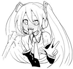 1girls 2d bangs bare_shoulders blush blush_lines collared_shirt color detached_sleeves female female_only hatsune_miku heriyama leek light-skinned_female light_skin long_hair looking_at_viewer monochrome nectie open_mouth shirt simple_background sleeveless sleeveless_shirt sleeves solo tongue tongue_out twintails vocaloid