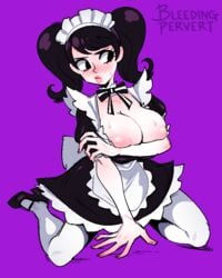 1girls becky_(persona) black_hair bleedingpervert blush breasts breasts_out maid maid_headdress maid_uniform nipples persona persona_5 purple_background sadayo_kawakami short_hair solo sweat twintails white_skin