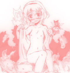 alice_margatroid blush feet_in_water female flat_chest monochrome nude oekaki shanghai_doll short_hair soaking_feet solo tirumu touhou water