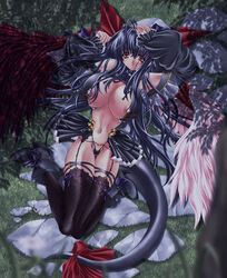 asymmetrical_wings bad_proportions black_hair breasts cleavage detached_sleeves dizzy_(guilty_gear) gothic guilty_gear huge_breasts lingerie long_hair nipples open_clothes open_shirt panties red_eyes ribbon shirt shujin tail tail_ribbon thighhighs tied_hair twintails underwear wings