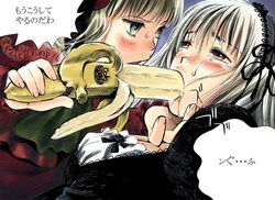 2girls banana blush dole female female_only food multiple_girls red_eyes rozen_maiden sexually_suggestive shinku suigintou tears translation_request