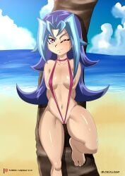 1girl absurd_res beach blue_hair breasts female hi_res kamishiro_rio long_hair looking_at_viewer loquillo loquillo66 micro_bikini navel one_eye_closed pose red_eyes rio_kamishiro smile solo standing thick_legs thighs underwear yu-gi-oh! yu-gi-oh!_zexal