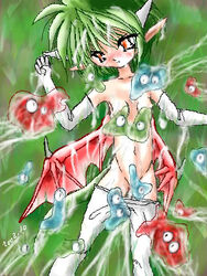 2002 breasts draco_centauros dragon_girl elbow_gloves gloves green_hair horns madou_monogatari navel pointy_ears puyo_puyo sega short_hair slime tagme wings