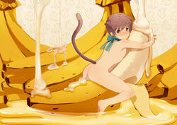 amber_eyes animal_ears ao_jin_(pixiv) banana beige_skin blush bow brown_hair cat_ears cat_tail catboy choker cum feline food food_play fruit girly hair looking_at_viewer male micro nude on_stomach pattern_background reddened_ass ribbons riding shy solo