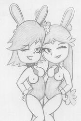 2girls ami_onuki bunnysuit cartoon_network drawn exposed_breasts female female_only hi_hi_puffy_amiyumi monochrome multiple_girls raylude sketch tagme white_background wink yumi_yoshimura