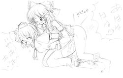 2girls bondage cum cum_inside doggy_style female_on_female footwear hat human implied_futanari monochrome multiple_girls rape reimu_hakurei rough_sketch seo_tatsuya sex shameimaru_aya sketch socks tokin_hat touhou