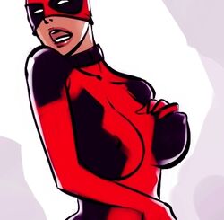 bodysuit breasts clothes color deadpool_corps female female_only hand_on_breast lady_deadpool marvel marvel_comics open_mouth rule_63 solo straight_hair tagme tan_skin wanda_wilson