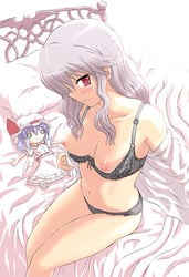 bed black_bra black_panties blush bow_bra bra bra_pull breasts character_doll doll female female_only human lace-trimmed_bra lace-trimmed_panties lingerie nipples panties red_eyes sakuya_izayoi silver_hair solo takaku_toshihiko the_embodiment_of_scarlet_devil touhou underwear underwear_only undressing