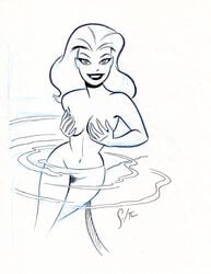 1girls accurate_art_style artist_signature batman:_the_animated_series batman_(series) big_breasts breasts bruce_timm covering_breasts dc_comics dcau drawn female female_only monochrome poison_ivy poison_ivy_(dcau) sketch solo unshaved_pussy water