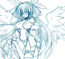 1girls breasts dizzy_(guilty_gear) female guilty_gear kekocha monochrome nipples ribbon shujin solo tail tail_ribbon thighhighs wings