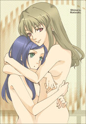 2girls blue_hair breasts brown_hair female fujino_shizuru green_eyes hold holding kuga_natsuki long_hair mai-hime mai_hime multiple_girls my-hime natsuki_kuga orito_(artist) red_eyes shizuru_fujino sideboob small_breasts yuri