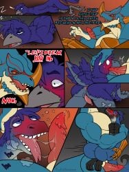 3:4 absurd_res animal_genitalia anthro avian bird blue_body blue_eyes blue_feathers blue_scales carrying_another carrying_partner comic countershading cuff_(restraint) dialogue duo english_text fantasy feathers fellatio fetishame forked_tongue genital_slit genitals hammer handcuffs hi_res kroq_gar licking licking_lips lizard lizardman male male/male metal_cuffs oral penile penis reptile restraints saurus scales scalie sex skink skink_(warhammer_fantasy) species_transformation tan_body tan_scales text tongue tongue_out tools transformation transformation_sequence verenix warhammer warhammer_(franchise) warhammer_fantasy yellow_eyes