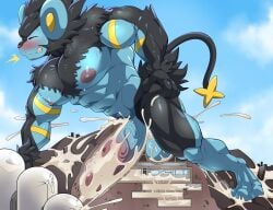 anthro balls big_penis black_body black_fur blue_body blush bodily_fluids clenched_teeth closed_eyes crush cum cum_inside destruction erection excessive_cum excessive_genital_fluids exercise facility felid flooding fur generation_4_pokemon genital_fluids genitals hi_res luxray macro maldu male male_only mammal mountain muscular muscular_male nintendo nude orgasm penetration penile penis penis_milking pokemon pokemon_(species) precum push-up sexercise solo tail teeth volcano