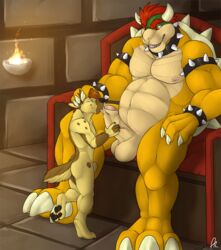 2014 anthro balls big_dom_small_sub bowser canine duo fur furry furry_only koopa licking male mammal mario_(series) nintendo oral penis scalie size_difference solaxe solaxe_(artist) tongue uncut vein video_games yaoi