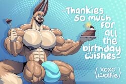 2026 abs abstract_background absurd_res anthro areola balls beard biceps big_balls big_bulge big_muscles big_nipples big_pecs birthday birthday_cake birthday_candle black_nipples blue_eyes bulge cake candle canid canine canis clothed clothing cutlery dessert english_text facial_hair food fork genitals hi_res huge_balls huge_bulge huge_muscles huge_pecs hybrid kitchen_utensils lagomorph leporid looking_at_viewer male mammal moustache muscular muscular_anthro muscular_male nipples pecs pubes rabbit signature solo text tools underwear underwear_only wolf wolfie_canem wolfiecanem xoxo