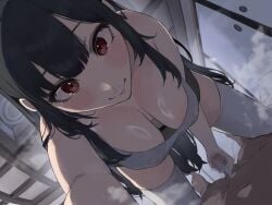 1boy all_fours arm_support black_hair blush breasts censored center-flap_bangs closed_mouth commentary_request covered_nipples cum cum_on_self dlsite.com double-parted_bangs downblouse extended_downblouse eyelashes female fisheye foreshortening grabbing_another's_penis handjob hanging_breasts highres indoors kneeling large_breasts long_hair messy_hair mosaic_censoring no_bra pointy_breasts pov pov_crotch pov_legs reaching reaching_towards_viewer red_eyes seductive_smile shouji sidelocks sliding_doors smile solo_focus steaming_body straight tank_top thighhighs tomochi_(tmc_tmc8) very_long_hair white_tank_top white_thighhighs