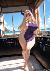 mount_lady boku_no_hero_academia my_hero_academia miyuai ai_generated ai_assisted thick_thighs thick_ass thick thick_legs thick_hips thick_butt wide_hips wide_thighs voluptuous voluptuous_female curvy curvy_figure curvaceous curvy_female female breasts naked_apron apron 1girl blonde_hair horns window rating:questionable long_hair kitchen thighs indoors solo barefoot smile weighing_scale pot cleavage huge_breasts stove sky full_body frills