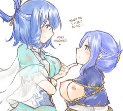 2girls blue_eyes blue_hair bondage breasts female femdom hair_ornament hair_rings hair_stick hair_up hard_translated hood_down ichirin_kumoi kenoka long_hair multiple_girls nipples seiga_kaku shawl short_hair smile tied_up torn_clothes touhou translated vest yuri