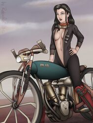 1girls asami_sato avatar_legends beige_skin black_hair bodysuit boots cleavage clothes clothing color day eyeshadow eyewear female female_only goggles green_eyes hair hand_on_hip human long_hair medium_breasts motorcycle navel open_clothes outdoors robnroll round_ears scarf smooth_skin solo straddle text the_legend_of_korra unzipped vehicle