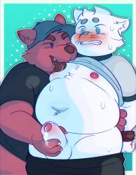 absurd_res anthro areola axeolos balls belly big_areola big_belly big_muscles blush bodily_fluids breast_grab breasts canid canine canis claws clothed clothing collar crop_top cum cum_drip cum_on_body cum_on_chest cum_on_lower_belly dripping drooling duo erection exposed_chest fangs felid feline foreskin fur genital_fluids genitals glans grabbing grabbing_from_behind grabbing_own_chest grey_body grey_fur hand_on_breast hand_on_chest hand_on_own_chest hi_res high-angle_view huge_belly humanoid_genitalia humanoid_penis hyper hyper_belly hyper_genitalia larger_male looking_pleasured male male/male mammal multicolored_body multicolored_fur muscular muscular_male navel nipples open_mouth overweight overweight_male penis precum procyonid raccoon red_body red_fur saliva shirt simple_background size_difference slightly_chubby slightly_chubby_male snow snowing speech_bubble sweat tears teeth thick_thighs tongue tongue_out topwear tuft two_tone_body two_tone_fur white_body white_fur wide_hips