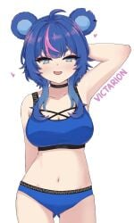 1girls absurdres ahoge animal_ears arm_behind_head artist_name bear_ears bear_girl black_choker blue_buruma blue_eyes blue_hair blue_sports_bra breasts buruma choker cleavage earrings female fujikura_uruka heart highres jewelry multicolored_hair navel open_mouth phase_connect pink_hair smile solo sports_bra stomach streaked_hair thighs victarionsc virtual_youtuber vtuber
