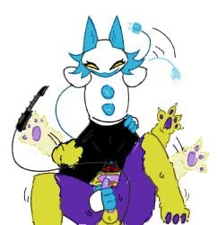 anthro blue_vulva blush bodily_fluids bottomless clothed clothing cum darkner deltarune digital_drawing_(artwork) digital_media_(artwork) dingstorm duo facesitting felid female fur genital_fluids genitals hand_on_hip hand_on_penis leg_grab looking_down machine male male/female mammal masturbation motion_lines nonbinary_(lore) open_mouth open_smile penis purple_body purple_fur purple_penis raised_leg robot robot_anthro screen screen_face shockblade_(character) sitting sitting_on_another smile smirk tail tail_motion tailwag tamacat tasque_manager tasque_manager_(deltarune) thigh_grab undertale_(series) vulva yellow_body yellow_fur