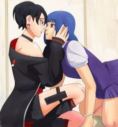 2girls before_sex black_hair blush boruto:_naruto_next_generations boruto:_two_blue_vortex braided_twintails breasts cleavage closed_eyes clothed clothed_female cuddling dress female female/female female_only imminent_kiss implied_sex indoors kakei_sumire kneeling long_hair lying_on_side multiple_females multiple_girls naruto naruto_(series) no_bra no_panties off_shoulder optimystic post-timeskip purple_hair sarada_uchiha shirt short_hair shorts skirt socks topless very_long_hair yuri
