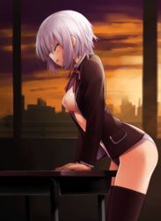 animated blue_hair blush breasts closed_eyes crotch_rub date_a_live desk dobunezumi female hair_ornament hairclip masturbation nipples no_pants open_mouth panties raizen_high_school_uniform school_uniform short_hair silver_hair solo table_humping thighhighs tobiichi_origami underwear