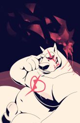 2020 animal_genitalia anthro belly big_belly black_sclera canid canine chocolateandmilk dated flat_colors fully_sheathed genitals hi_res looking_at_viewer male mammal markings moobs narrowed_eyes nude overweight overweight_anthro overweight_male red_eyes red_markings sheath signature simple_background sitting solo white_body