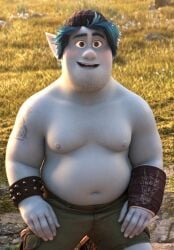 1boy 2026 3d accurate_art_style ai_assisted ai_generated barley_lightfoot beanie blue_hair brown_eyes cargo_shorts chubby disney draal_the_deadly edit gay grass green_shorts grok kneeling male male_only moobs nipples onward_(2020) pixar screencap shirtless shorts solo spiked_bracelet tattoo yaoi