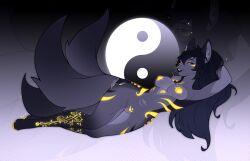 3_tails anthro areola batya black_hair black_lips black_nose black_sclera canid canine colored digital_drawing_(artwork) digital_media_(artwork) female flat_colors fox fur genitals glowing glowing_markings grey_body grey_fur hair hand_behind_head inner_ear_fluff lips long_hair lying mammal markings multi_tail nipples nude on_side pawpads simple_background snout solo tail tuft vulva wide_hips yellow_areola yellow_eyes yellow_markings yellow_nipples yellow_pawpads
