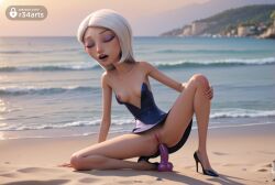 1girls ai_generated anal anal_insertion anal_masturbation anal_object_insertion arm_support bare_shoulders beach blue_dress blue_eyeshadow blue_footwear blurry blurry_background breasts closed_eyes collarbone day dildo dildo_in_ass dildo_insertion disney dress eyeshadow female hi_res high_heels lipstick long_hair makeup mirage_(the_incredibles) nipples no_panties object_insertion ocean open_mouth outdoors pixar purple_eyeshadow pussy r34arts sand sex_toy small_breasts solo spread_legs strapless strapless_dress teeth the_incredibles uncensored water white_hair