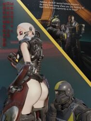 agitator_(helldivers) amputee armor armored_female automaton_(helldivers) butt_focus buzz_cut communist cybernetic_limb cybernetic_limbs cyborg cyborg_girl democracy_officer_(helldivers) helldiver_(helldivers) helldivers helldivers_(series) helldivers_2 highres implants looking_at_another looking_at_ass quadruple_amputee red_eyes semi_nude spaceship_interior suspicious voyeur white_hair