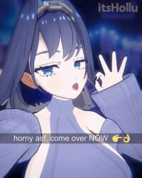 1female 3d_animation animated black_nails blowjob_gesture blue_eyes blue_hair blurred_background breasts detatched_sleeves earring english_text fully_clothed hololive hololive_english hololive_english_-council- huge_breasts itshollu large_breasts looking_at_viewer ouro_kronii painted_nails requesting_sex sideboob snapchat solo solo_female suggestive virgin_killer_sweater virtual_youtuber vtuber