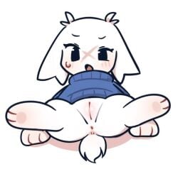 2026 anthro anus black_eyes blue_clothing blue_sweater blue_topwear blush blush_lines bodily_fluids bottomless bottomless_anthro bottomless_female cave_story chompubite clothed clothing digital_media_(artwork) eyelashes facial_scar female female_anthro floppy_ears fur genitals glistening glistening_genitalia glistening_vulva humanoid_genitalia humanoid_vulva lagomorph lop_ears mammal mimiga open_mouth pawpads pink_blush pink_pawpads pink_tongue scar shadow short_tail simple_background sitting solo spread_legs spreading sue_sakamoto sweat sweater sweater_only tail tongue topwear topwear_only vulva white_background white_body white_ears white_fur white_tail x_scar