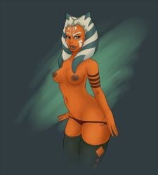 1girls 2018 ahsoka_tano alien blue_eyes breasts female female_only nipples oddmireash panties small_breasts solo star_wars thighhighs togruta topless
